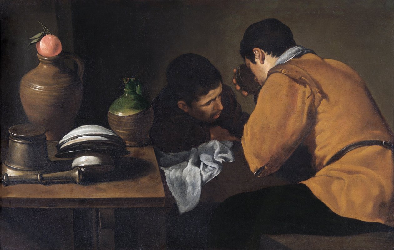 Mütevazı Bir Masada Yemek Yiyen İki Genç Adam c.1618-20 (tuval üzerine yağlı boya) by Diego Velázquez