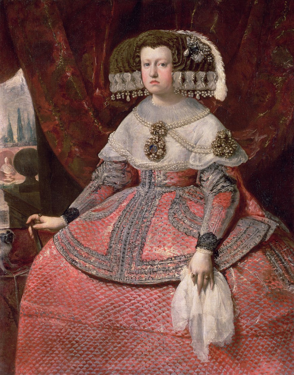 İspanya Kraliçesi Maria Anna kırmızı elbiseli, 1655-60 by Diego Velázquez