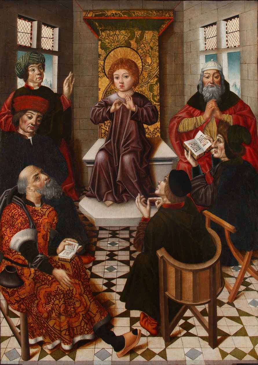 Doktorlar arasında İsa - Doktorlar arasında İsa - Cruz, Diego de la (aktif 1482-1500) - c. 1490 - Ahşap üzerine yağlı boya - 102x76 - Lazaro Galdiano Müzesi, Madrid by Diego de la Cruz