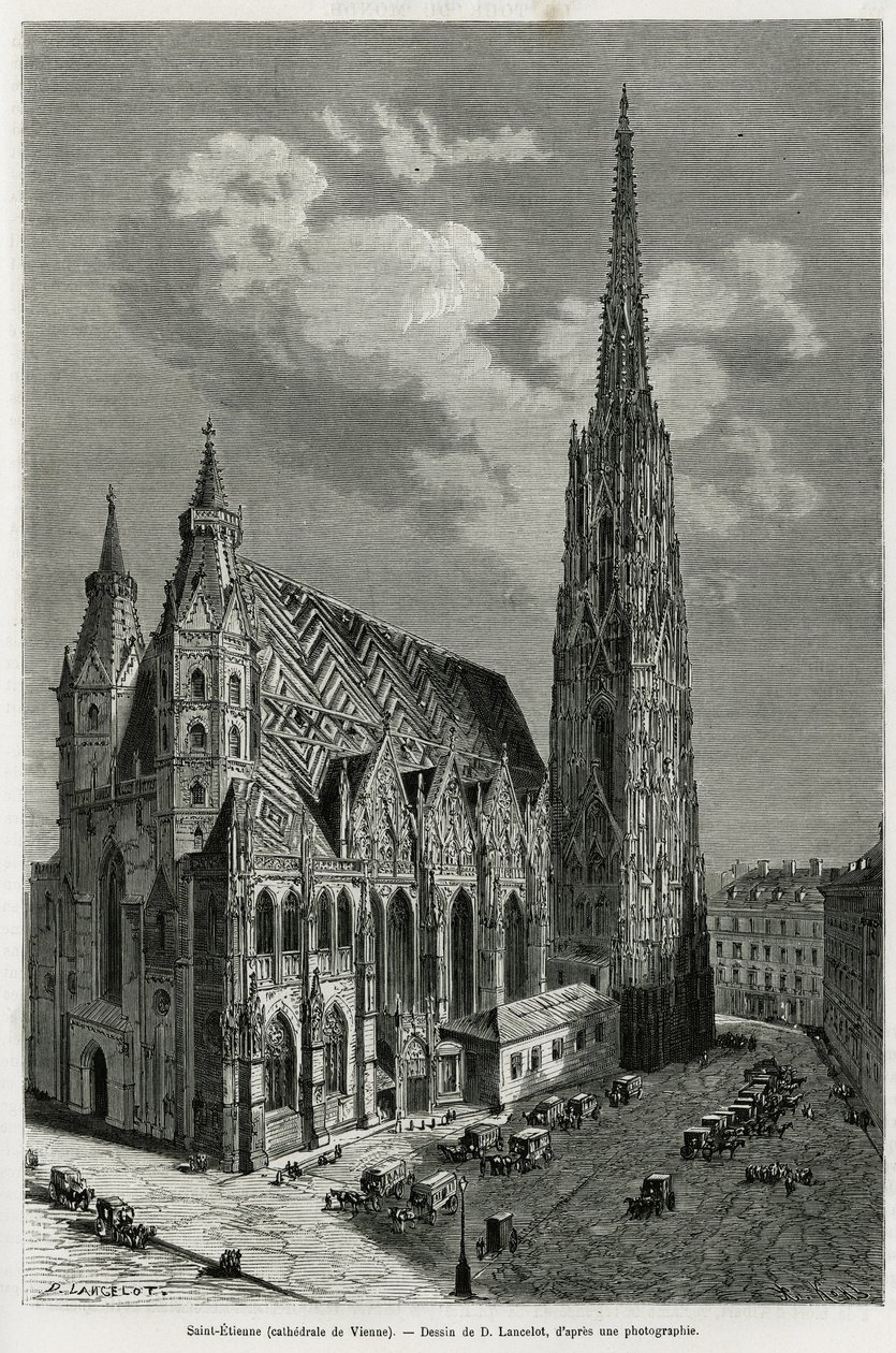 Aziz Stephen Katedrali (Aziz Stephen veya Stephansdom veya Aziz Stephane veya Aziz Stephan Kirche) (1113 ve 1147 arasında inşa edilmiştir), Viyana (Avusturya). Vienne ve banliyölerini göstermek için Lancelot tarafından yapılan gravür, M. Newlinski tarafınd by Dieudonne Auguste Lancelot