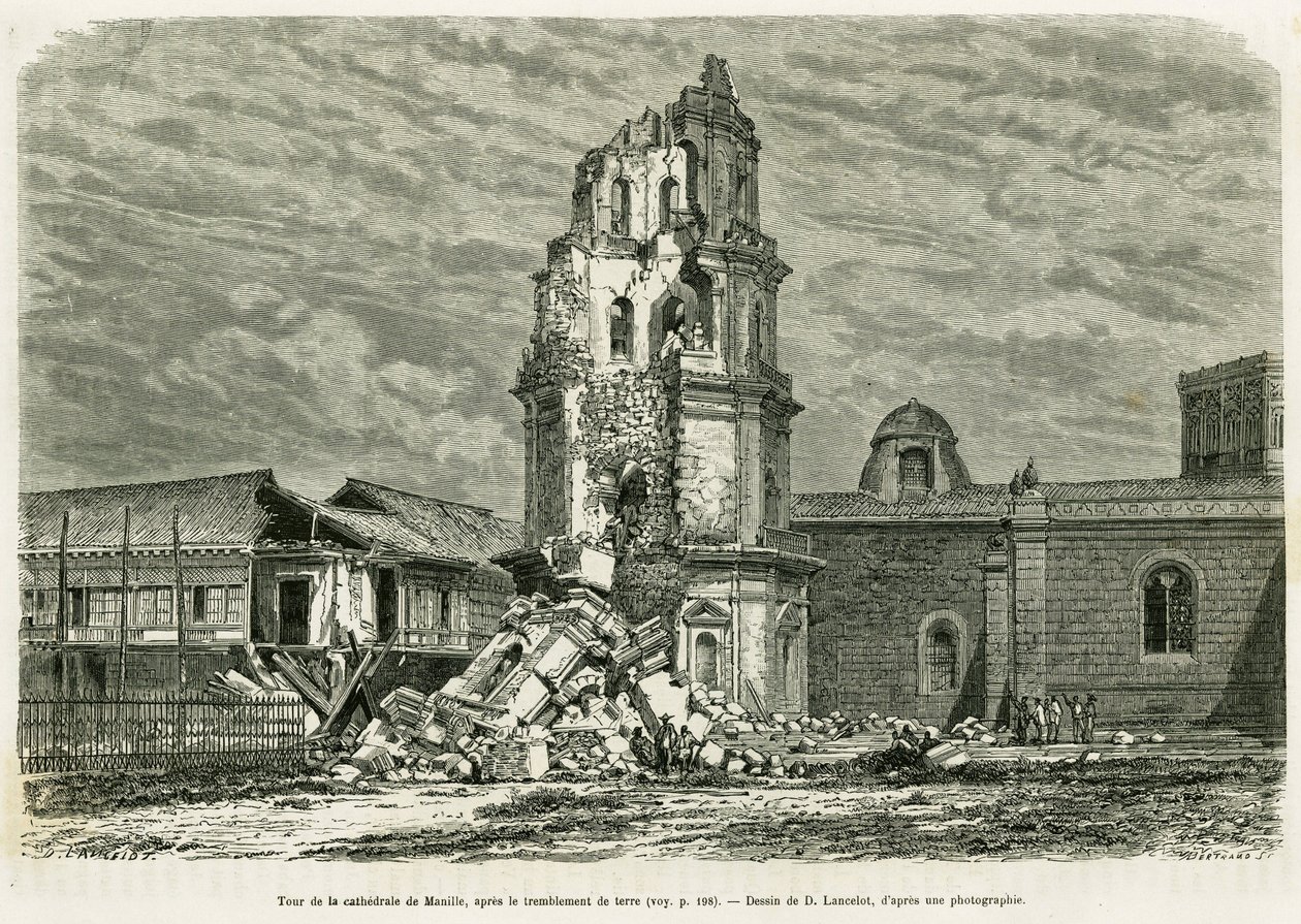 18 Temmuz 1880 depreminden sonra Manila Katedrali Kulesi. by Dieudonne Auguste Lancelot
