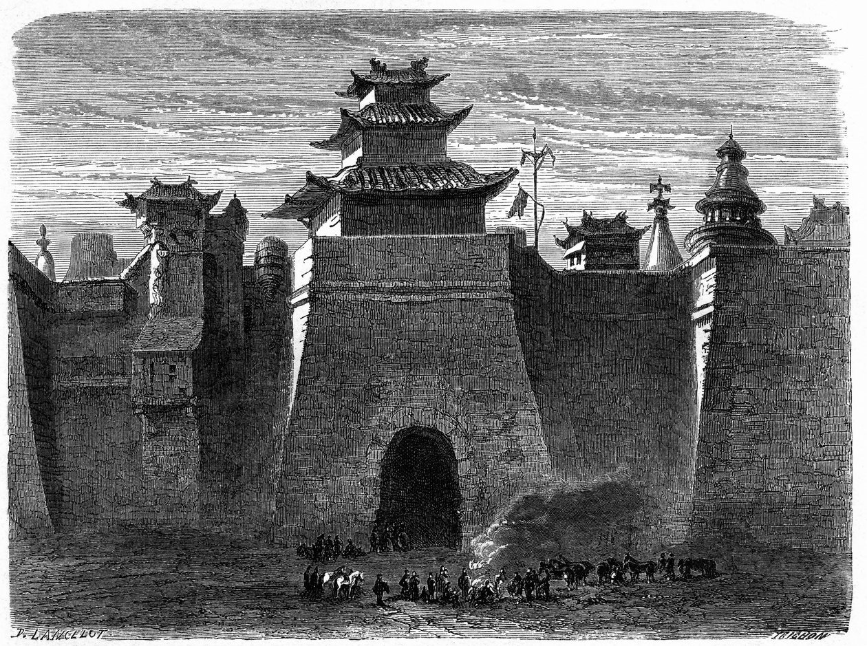Duvarlar ve Pekin Kapısı (Pekin), Çin. Edouard Charton, Paris tarafından düzenlenen “Le Tour du Monde, Nouveau Journal des Voyages”” içinde Lancelot tarafından gravür by Dieudonne Auguste Lancelot