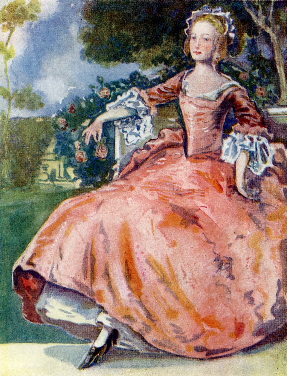 Anne I (1702-1714) saltanatında kadın kostümü by Dion Clayton Calthrop