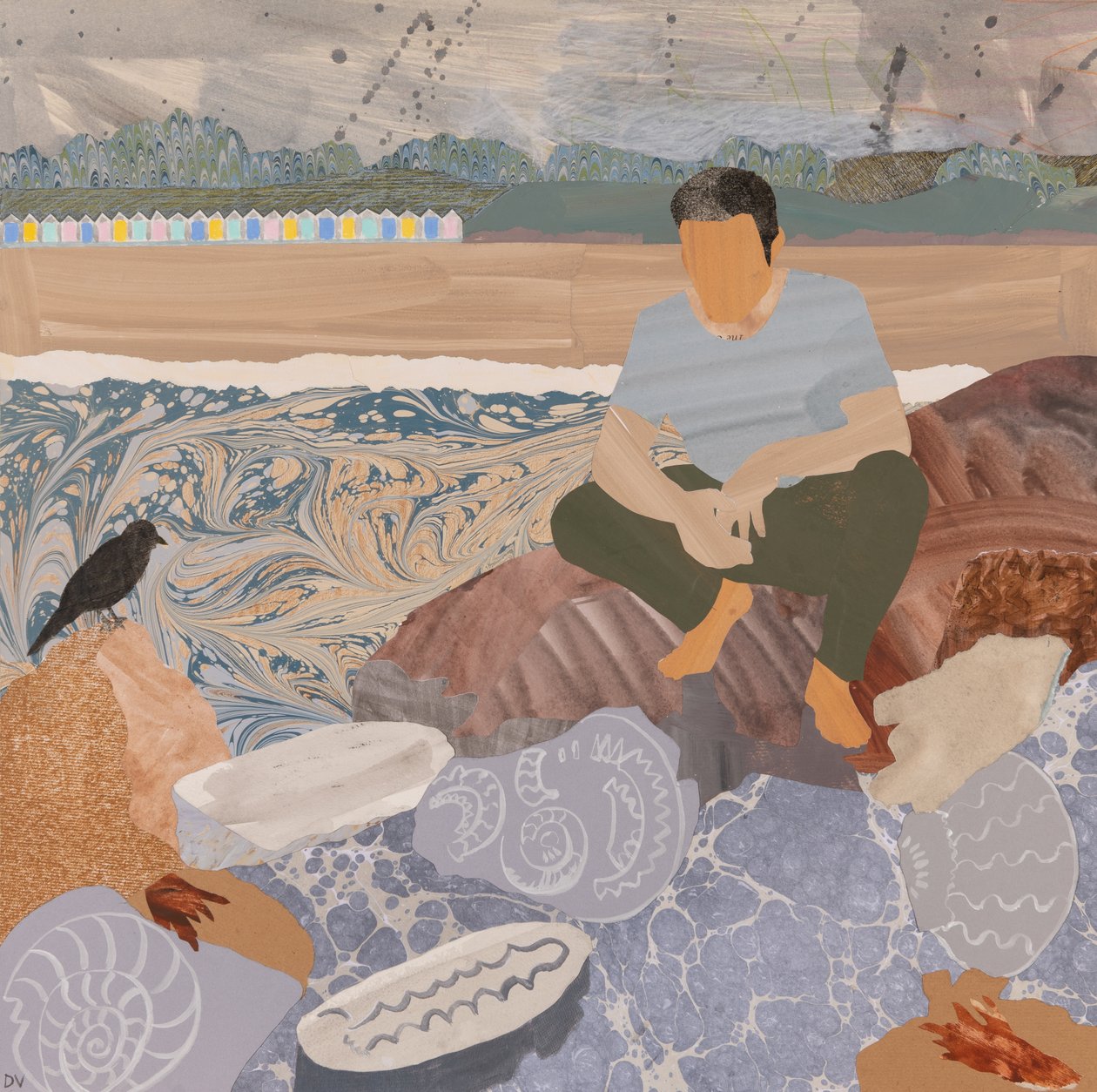 Plaj kulübeleri ve fosiller (kolaj) by Dione Verulam