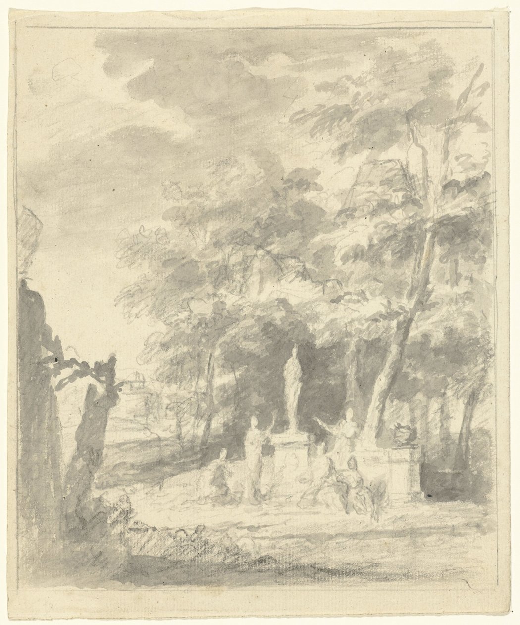 Bir heykelin etrafındaki figürlerle Arcadian manzarası by Dionys van Nijmegen (possibly)