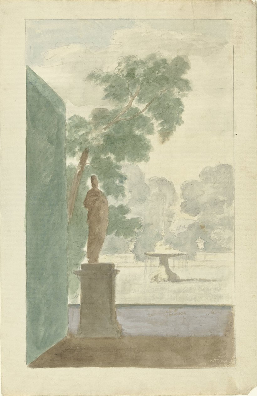 Salonda Duvar Dekorasyonu İçin Tasarım: Heykelli, Çeşmeli ve Çömlekli Bahçe Görünümü by Dionys van Nijmegen (possibly)