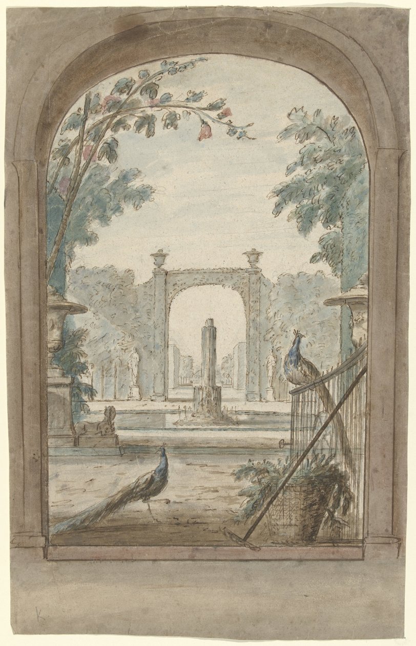 Bir bahçe, tavus kuşu ve bahçe aletleri üzerinde bir çitin üzerinden manzaralı bir oda boyama tasarımı by Dionys van Nijmegen (possibly)