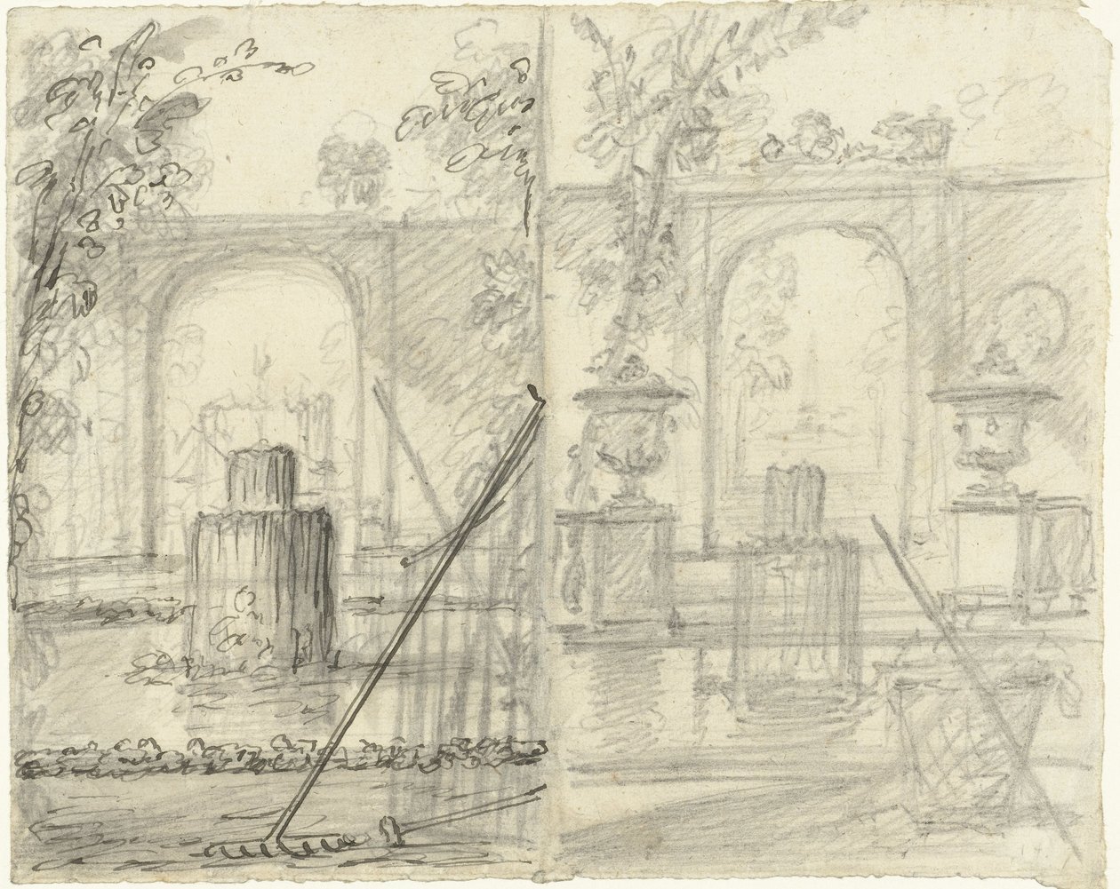 Ön planda çeşme ve bahçe aletleri ile bahçe manzarası için iki tasarım by Dionys van Nijmegen (possibly)