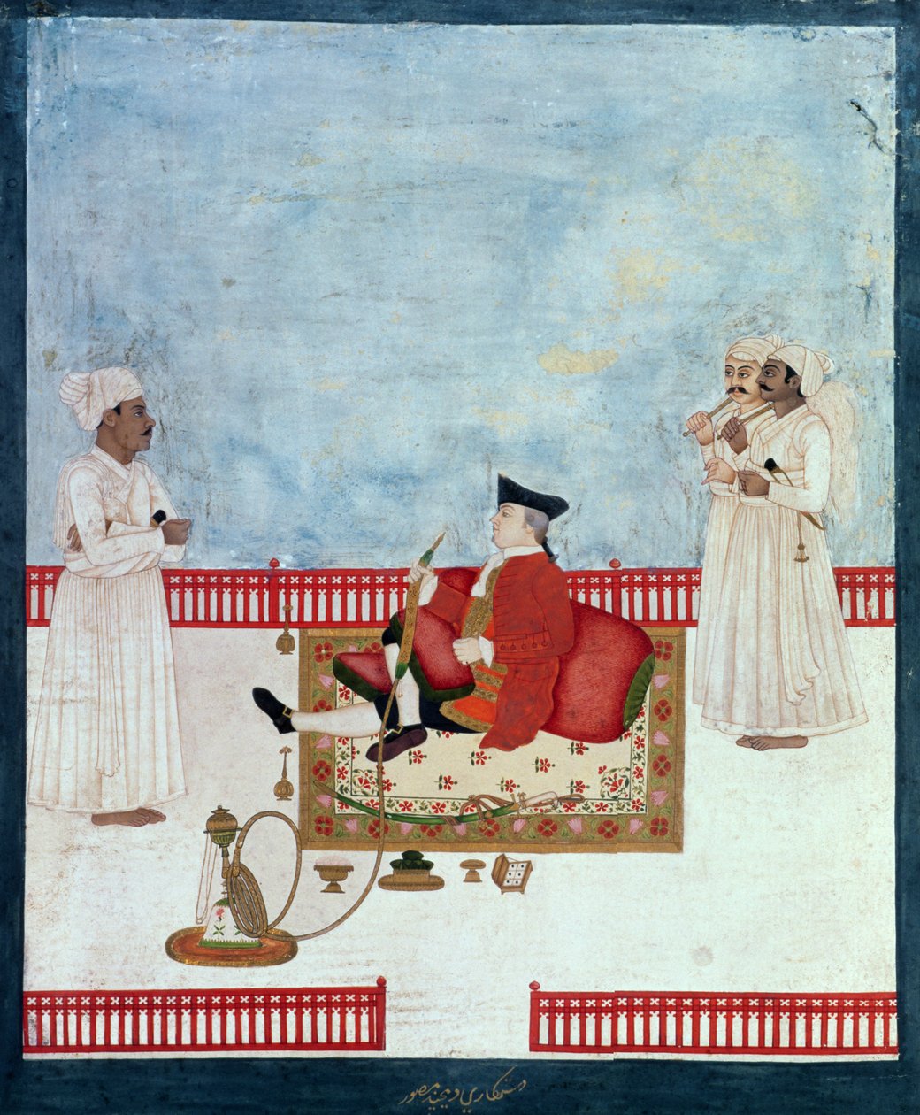 Refakatçilerle Bir Terasta Oturan Avrupalı, c.1760-63 (Hint minyatürü) by Dip Chand