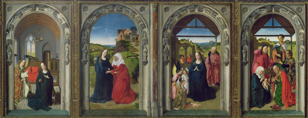 Triptych showing the Annunciation, the Visitation, the Adoration of the Angels and the Adoration of the Magi, c.1445 (tempera on panel) by Dirck Bouts
