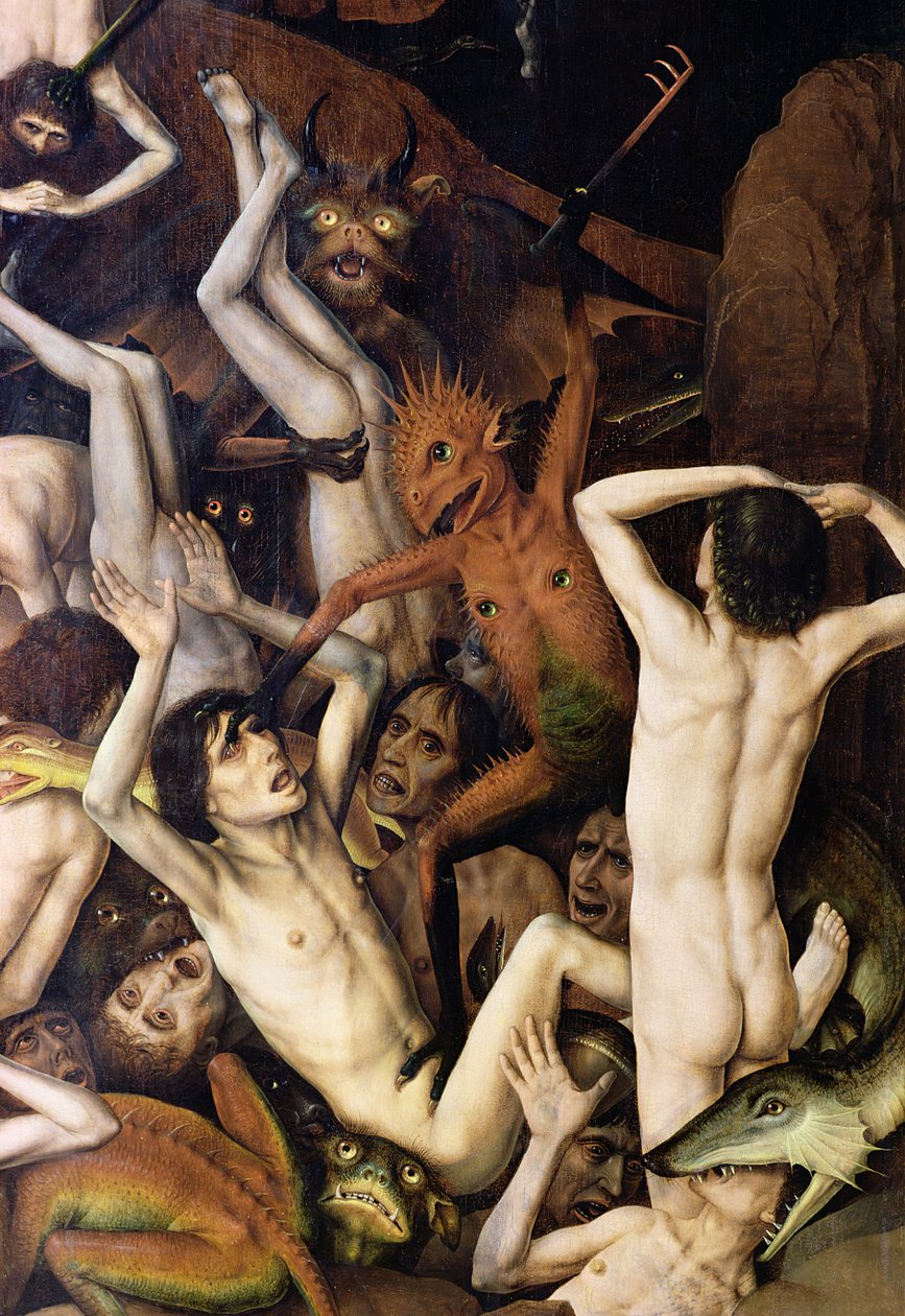 Cehennem, lanetliye çarpan bir iblisin detayı, c.1450 by Dirck Bouts