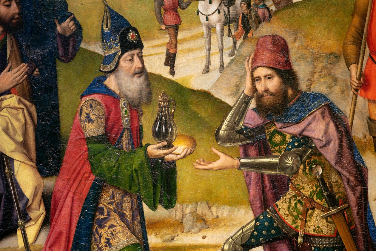 Bölge kilisesi (Aziz Peter Bölge Kilisesi). tablo. Geçen akşam yemeği. Dirk Maçları. 1464-1468. Detay. Sol panel. by Dirck Bouts