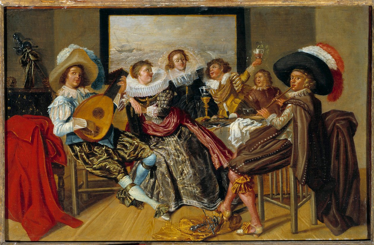 Gallant Toplantı Müzisyenleri ve müzik çalan ve bir partide gözlüklerini kaldıran genç kadınlar. Dirk Hals (1591-1656) 1625 Sun tarafından boyama. 0,3x0,46 m by Dirck Hals