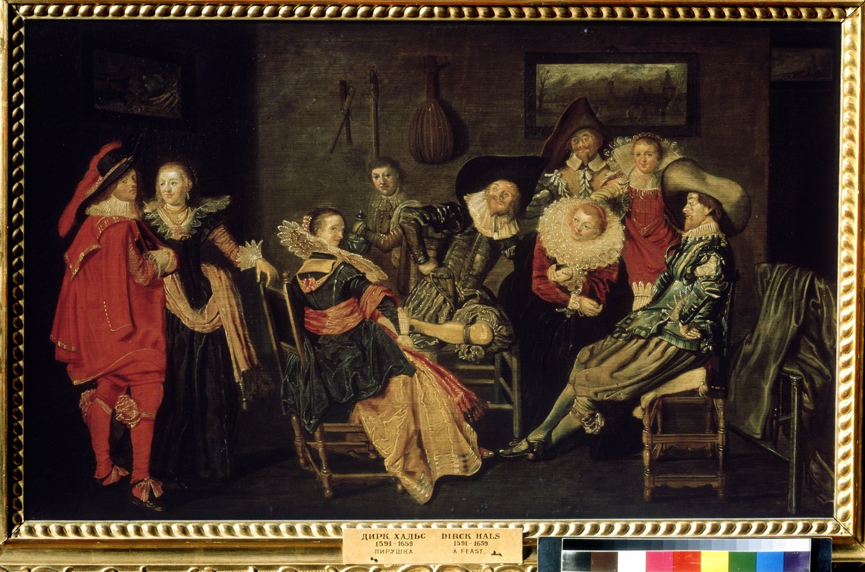 ""The Merry Company"" (The Merry Company) Zengin bir Hollanda konutundaki parti, zarif giyimli bir burjuva masası. Resim Dirck Hals (1591-1656) 17. yüzyıl Dim. 41x66 cm Puşkin Müzesi, Moskova by Dirck Hals