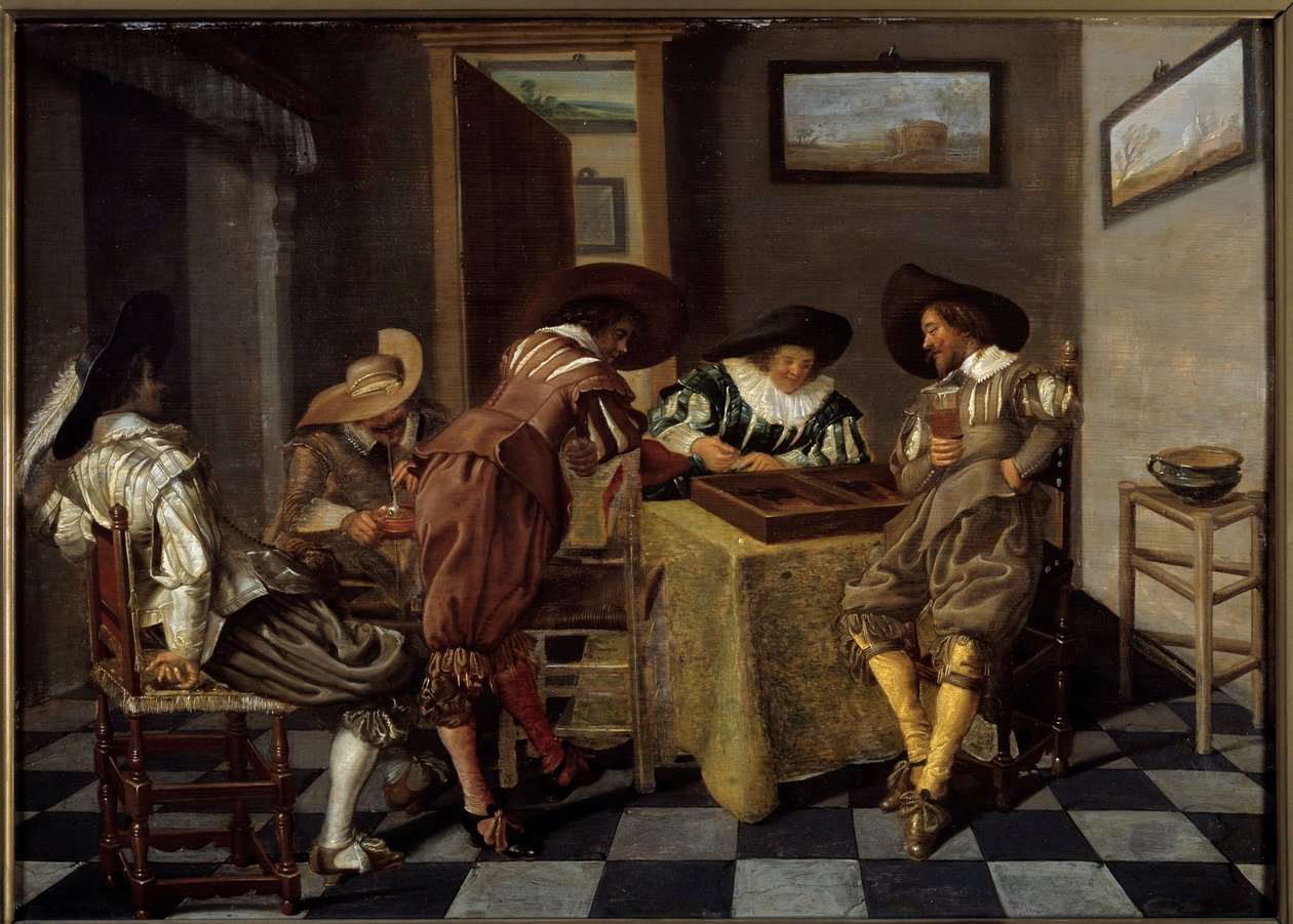 tric trac parçası (tri-trac: eski Tavla oyunu). Dirk Hals (1591-1656), 1615-1625 dolaylarında tablo. Ahşap üzerine yağ. Karartma: 0,38 X 0,53m. Lille, Musee Des Beaux Arts - Tic-trac oyuncuları (“Trictrac: eski Tavla oyunu). Dirk Hals tarafından yapılan bo by Dirck Hals