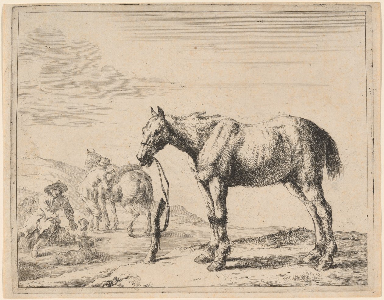 Bir direğe bağlı bir at by Dirck Stoop