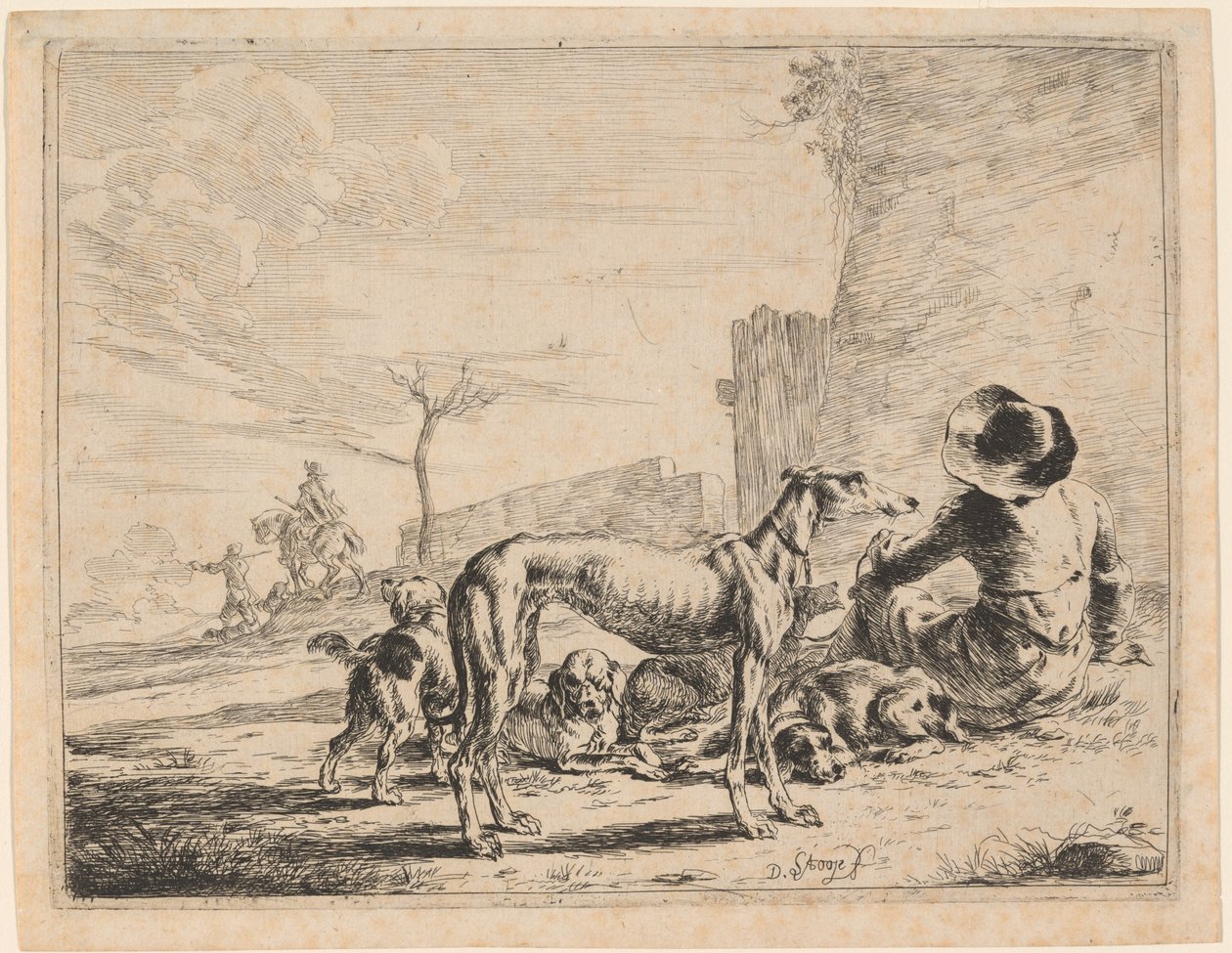 Bir Köpek Sürüsü Oturan Bir Adam by Dirck Stoop
