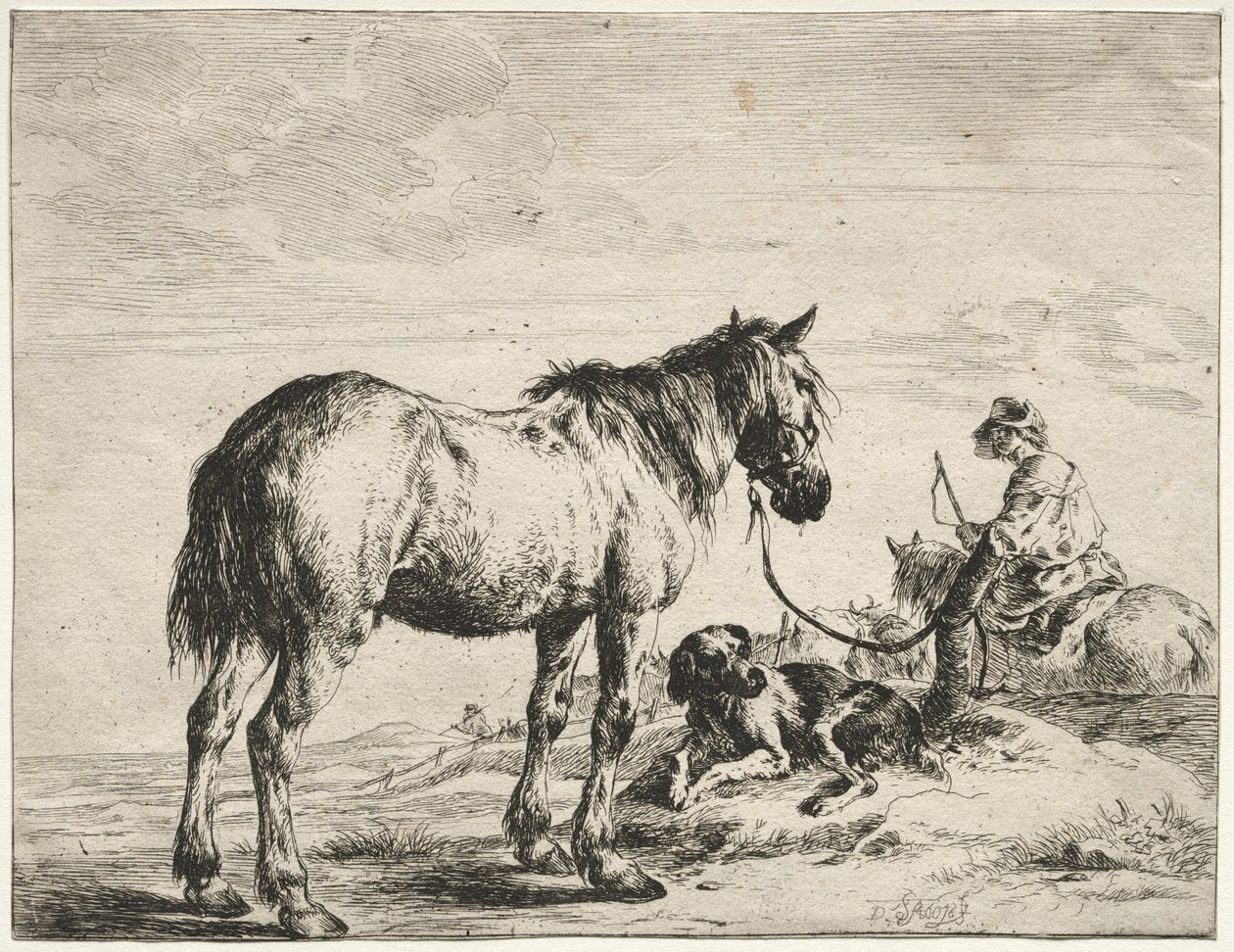 Bir direğe bağlı at by Dirck Stoop