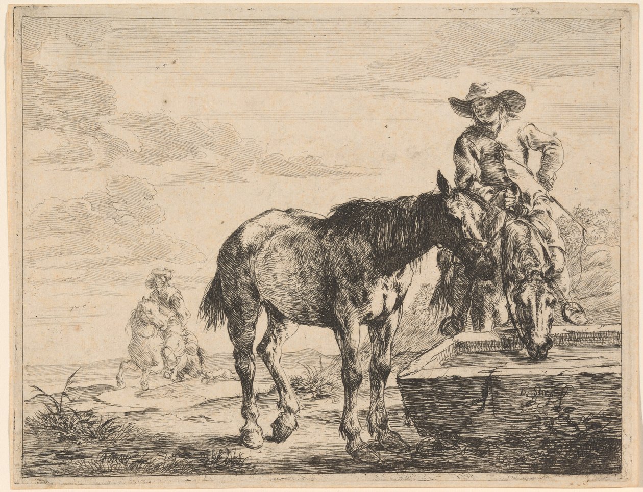 Bir Yalakta İçen İki At by Dirck Stoop
