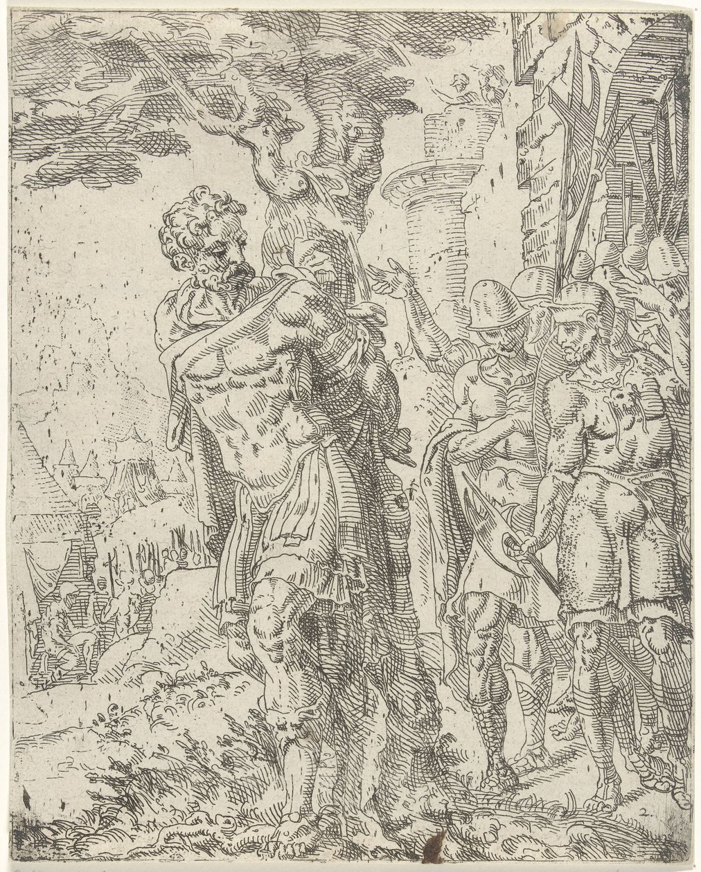 Achior bir ağaca bağlı Judit ve Holofernes (dizi başlığı) by Dirck Volckertsz. Coornhert (attributed to)