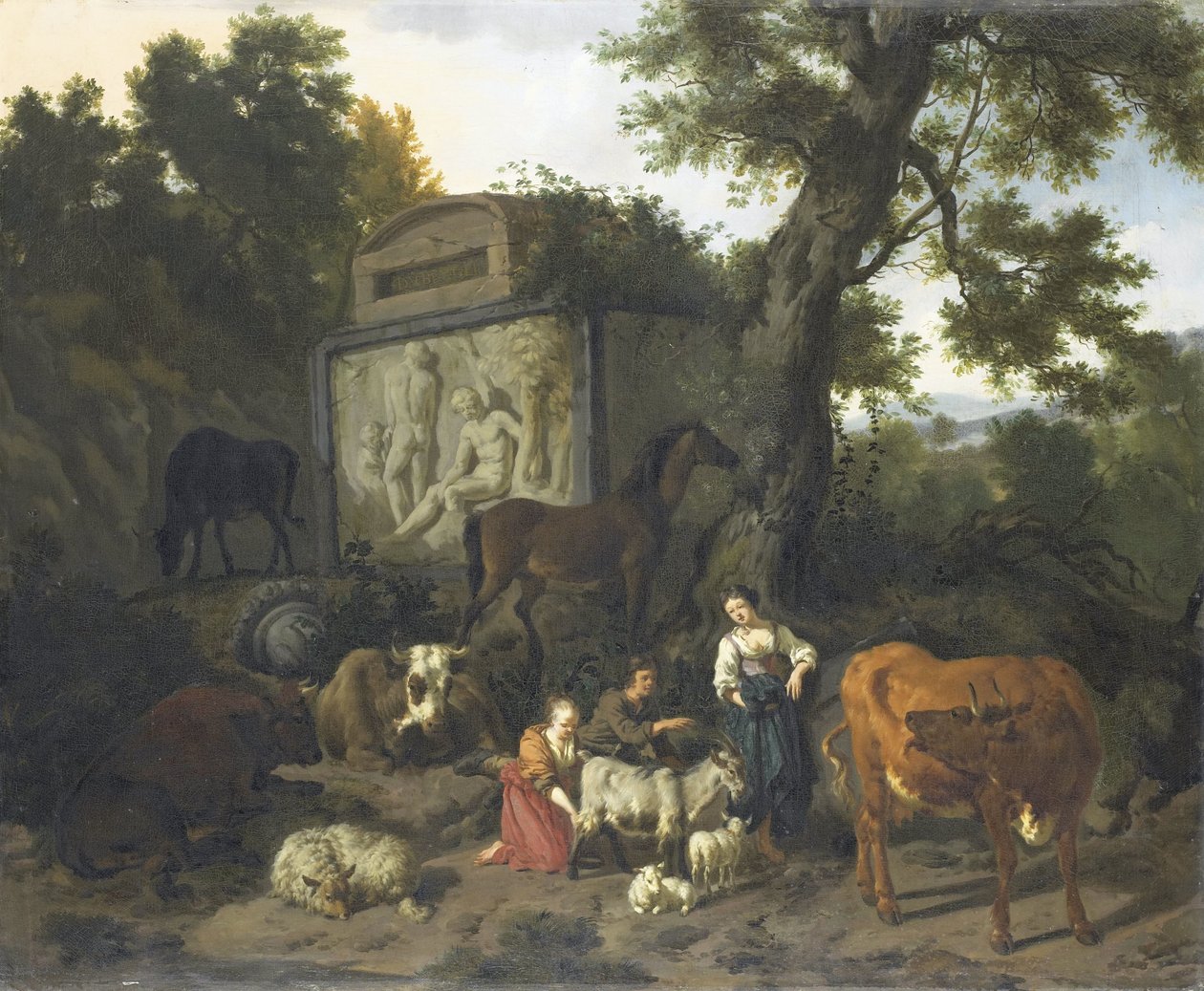 Bir Mezarın Yanında Çoban ve Sığırlarla Manzara by Dirck van Bergen