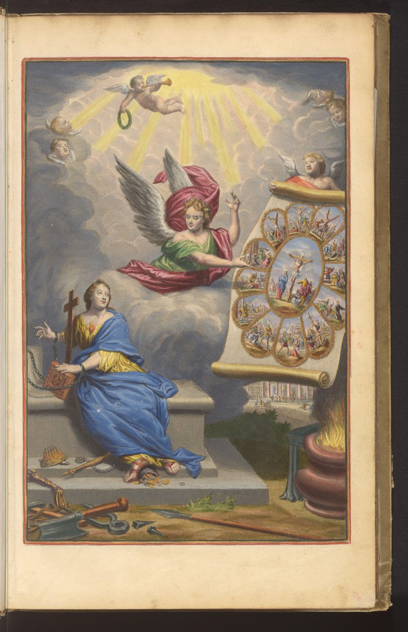 Zincirli Faith'e Mesih'in şehitliğini ve on iki Havari l'Histoire du N. Testament'ı gösteren meleği gösteren başlık baskısı (nesne üzerindeki başlık) by Dirk Janszoon van Santen