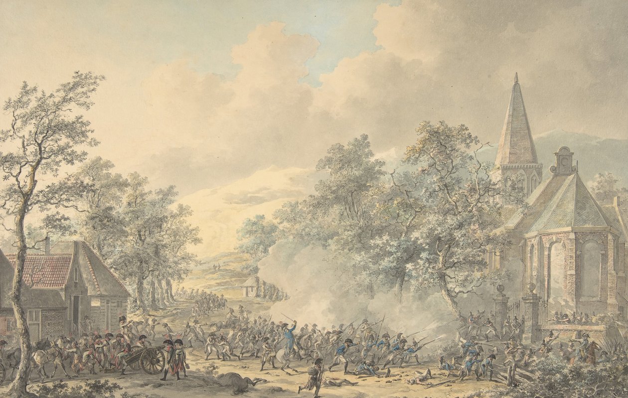 Sağda Kilise ile Savaş Sahnesi, yaklaşık. 1790-1800. by Dirk Langendijk