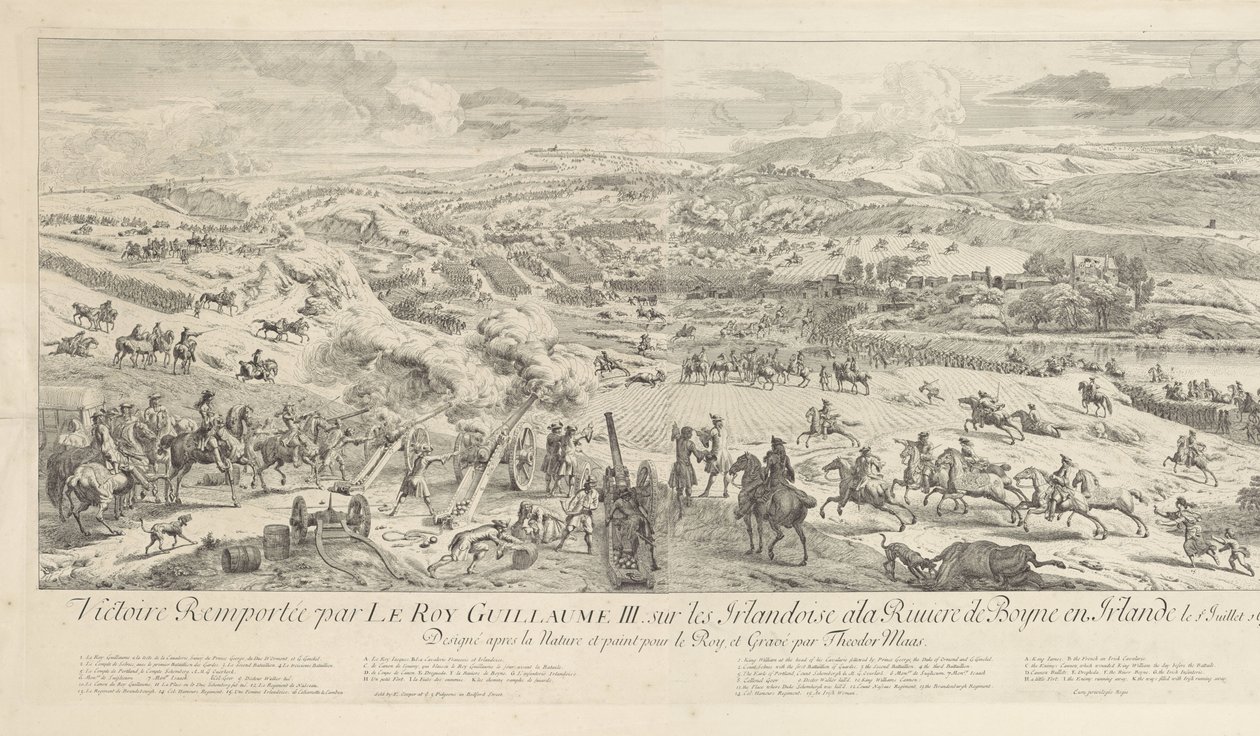 Cüruf bij Drogheda aan de Boyne, 1 Temmuz 1690 Zafer Le Roy Guillaume III tarafından kazanıldı. 1 Temmuz 1690'da İrlanda'daki Boyne Nehri'ndeki İrlandalı kadınlar hakkında (nesnedeki başlık) by Dirk Maas