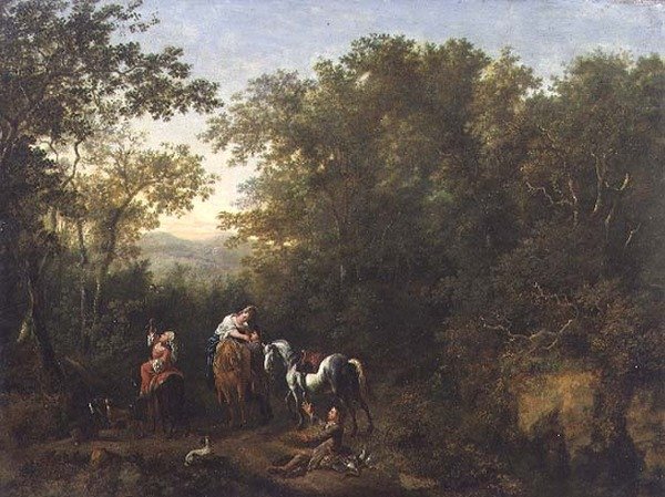 Ormanlık Bir Peyzajda Bir Hawking Partisi (panelde yağlı boya) by Dirk Maes