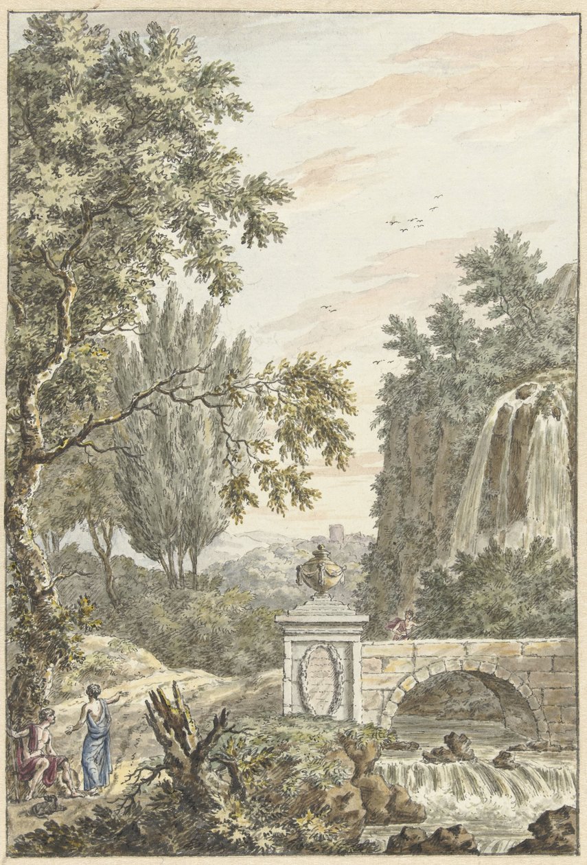 Bir şelale, bir köprü ve üç genç adam ile Arcadian orman manzarası by Dirk Versteegh