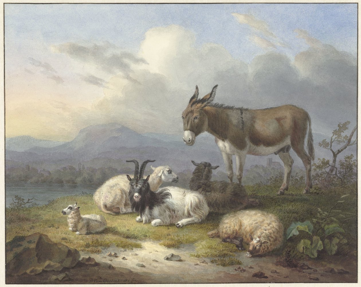 Eşek, keçi ve koyun ile manzara by Dirk van Oosterhoudt