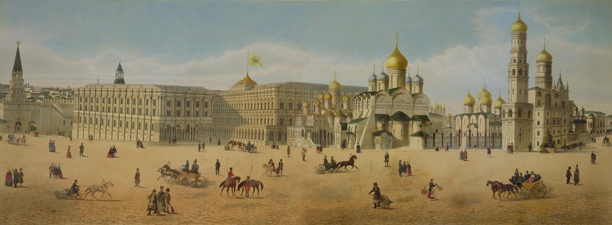 Philippe Benoist (1813-c.1905) ve Aubrun, pub tarafından oyulmuş Moskova panoramasından Büyük Kremlin Sarayı ve Müjde ve Başmelek Katedralleri. Lemercier tarafından, c.1840 (lito by Dmitri Indieitzeff