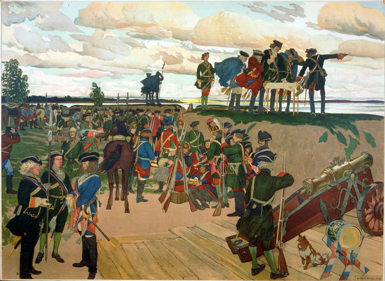18. yüzyılda Büyük Peter (1672-1725) tarafından Saint Petersburg kalesinin temeli. (St. Petersburg Kalesinin Kuruluşu). Dmitri Nikolayevich Kardovsky'nin çalışması (Kardovski) (1866-1943), litografi by Dmitri Nikolayevich Kardovsky