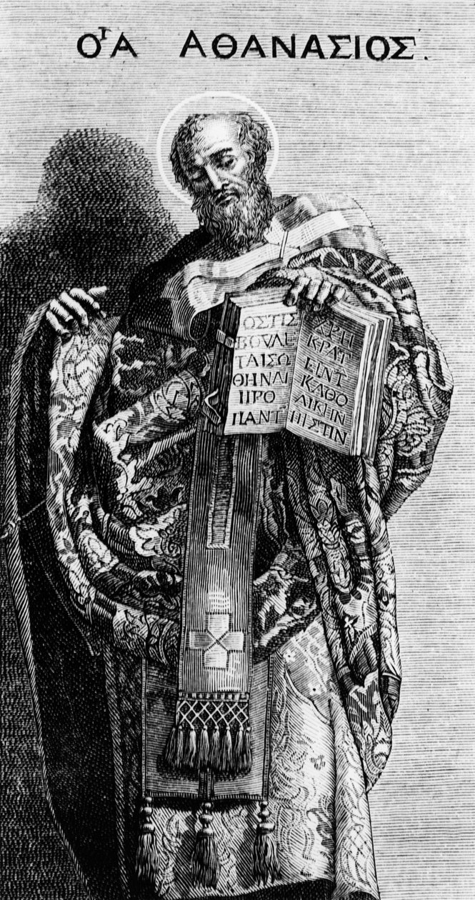 İskenderiyeli Athanasius (298-373) Kilise babası, Grottaferrata kilisesinde Domenichino tarafından yapılan bir acıdan sonra gravür by Domenichino