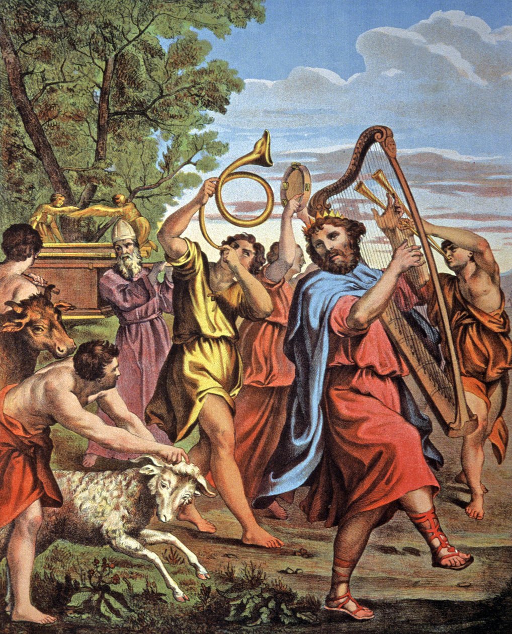 Kral Davut, antlaşma sandığını geri getiriyor, 19. yüzyılın ortaları (litografi) by Domenichino (1581 1641) (after)