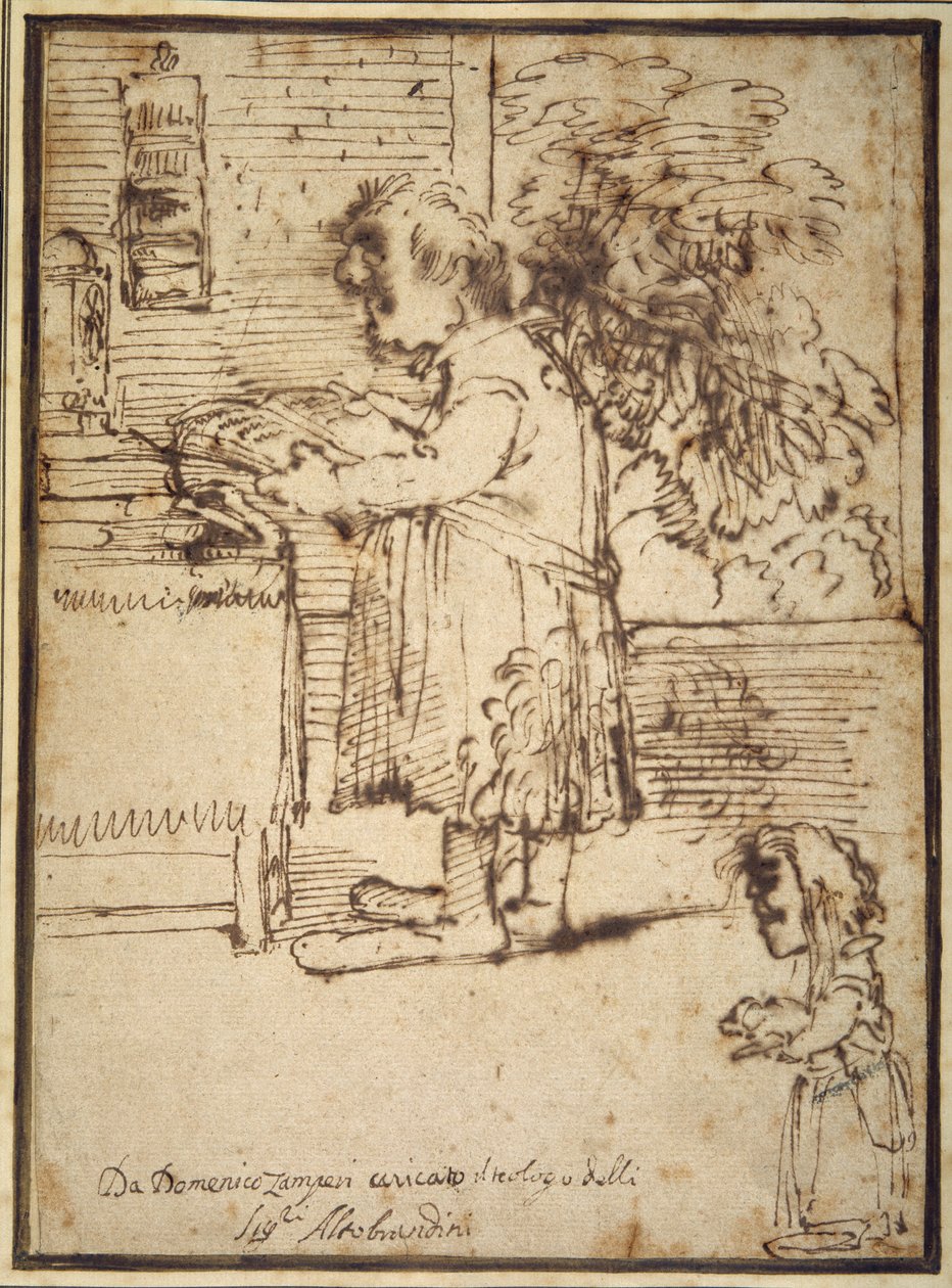 Aldobrandini ilahiyatçısının köpeğini tutan bir dişi cüce ile karikatürü (kağıt üzerinde kalem ve mürekkep) by Domenichino