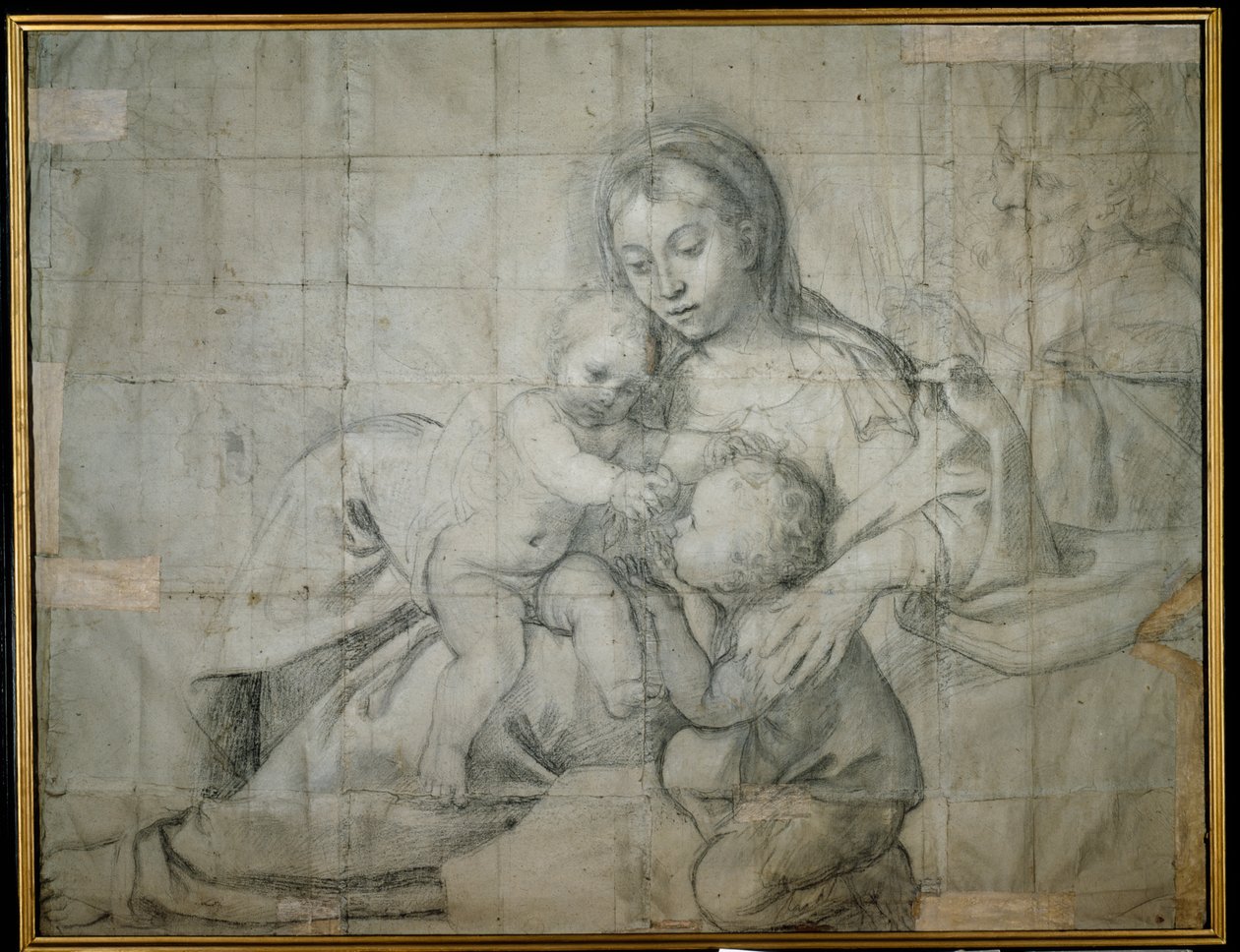 Vaftizci Yahya Bebek ile Dinleniyor Kutsal Aile (kağıt üzerinde siyah tebeşir) by Domenichino