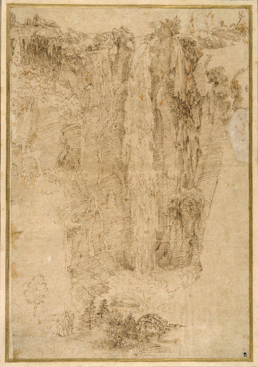Bir kaskad ile manzara; yaya, iki adam, biri atlı (kağıt üzerine kalem ve kahverengi mürekkep) by Domenichino