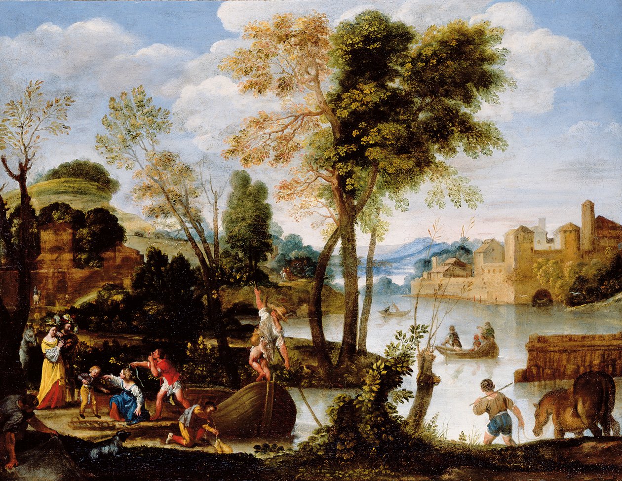 Polonyalı kayıkçı ve yengeç sepeti olan kadın ile İtalyan nehir manzarası, c.1604-05 by Domenichino