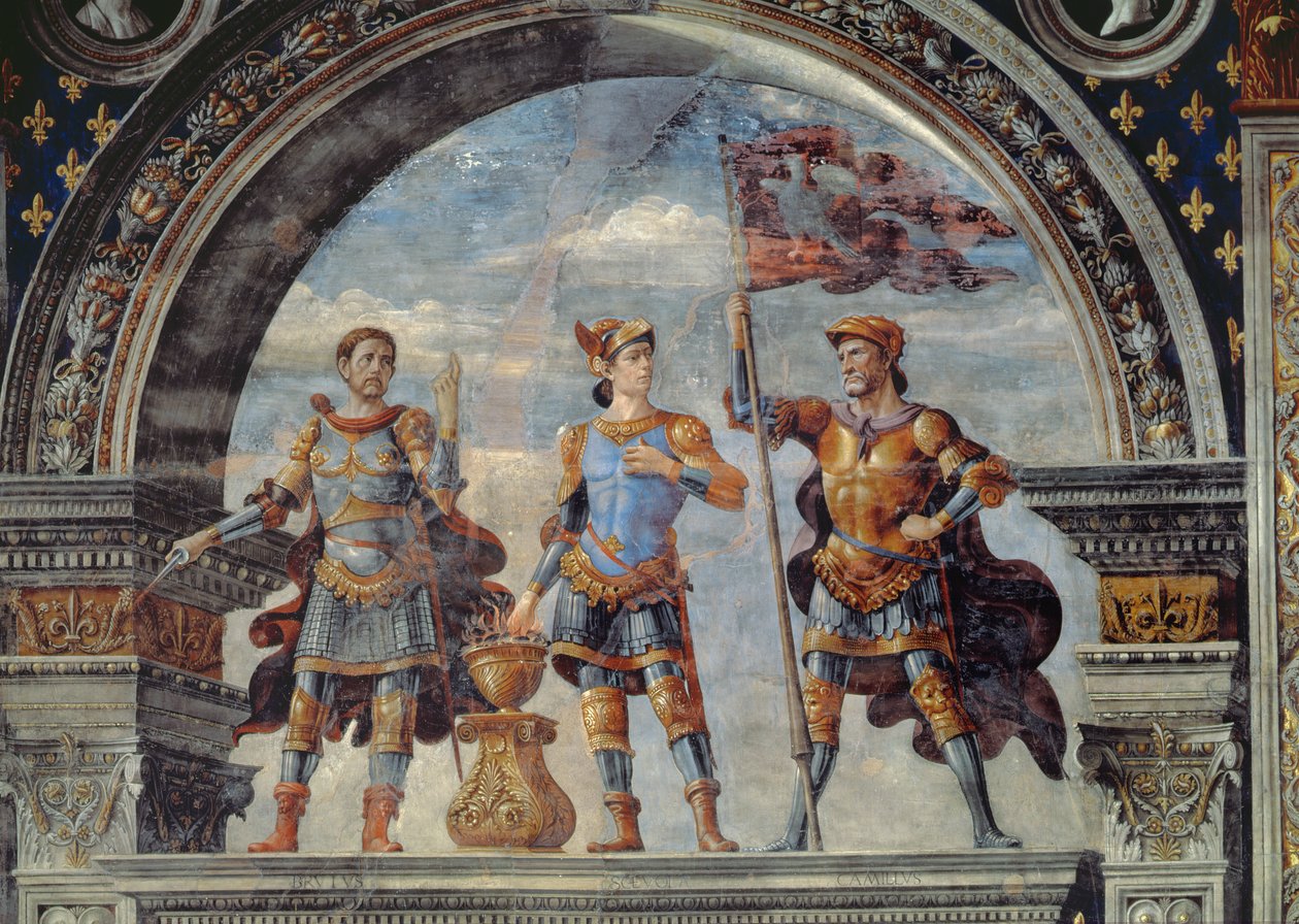Brutus, Mucius Scaevola ve Furio Camillo, Sala dei Gigli'deki freskten detay, yaklaşık 1470 by Domenico Ghirlandaio