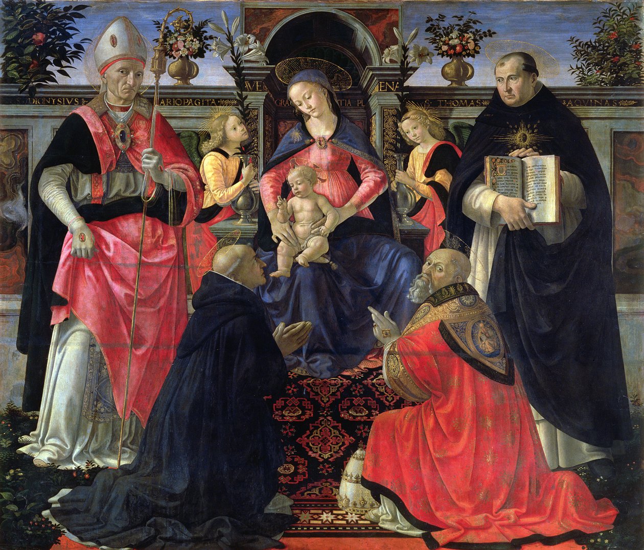Madonna ve Çocuk SS ile tahta çıktı. Dionysius, Aeropagita, Domenic, Clement ve Thomas Aquinas, 1483 by Domenico Ghirlandaio