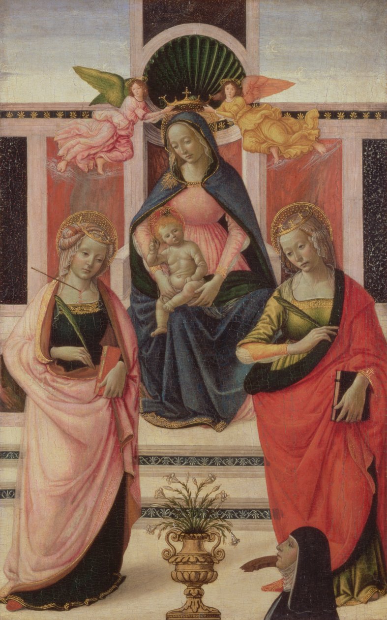Aziz Ursula ve Aziz Catherine ile Enthroned Bakire ve Çocuk, 1480-1500 (panelde yağlı sırlı tempera) by Domenico Ghirlandaio
