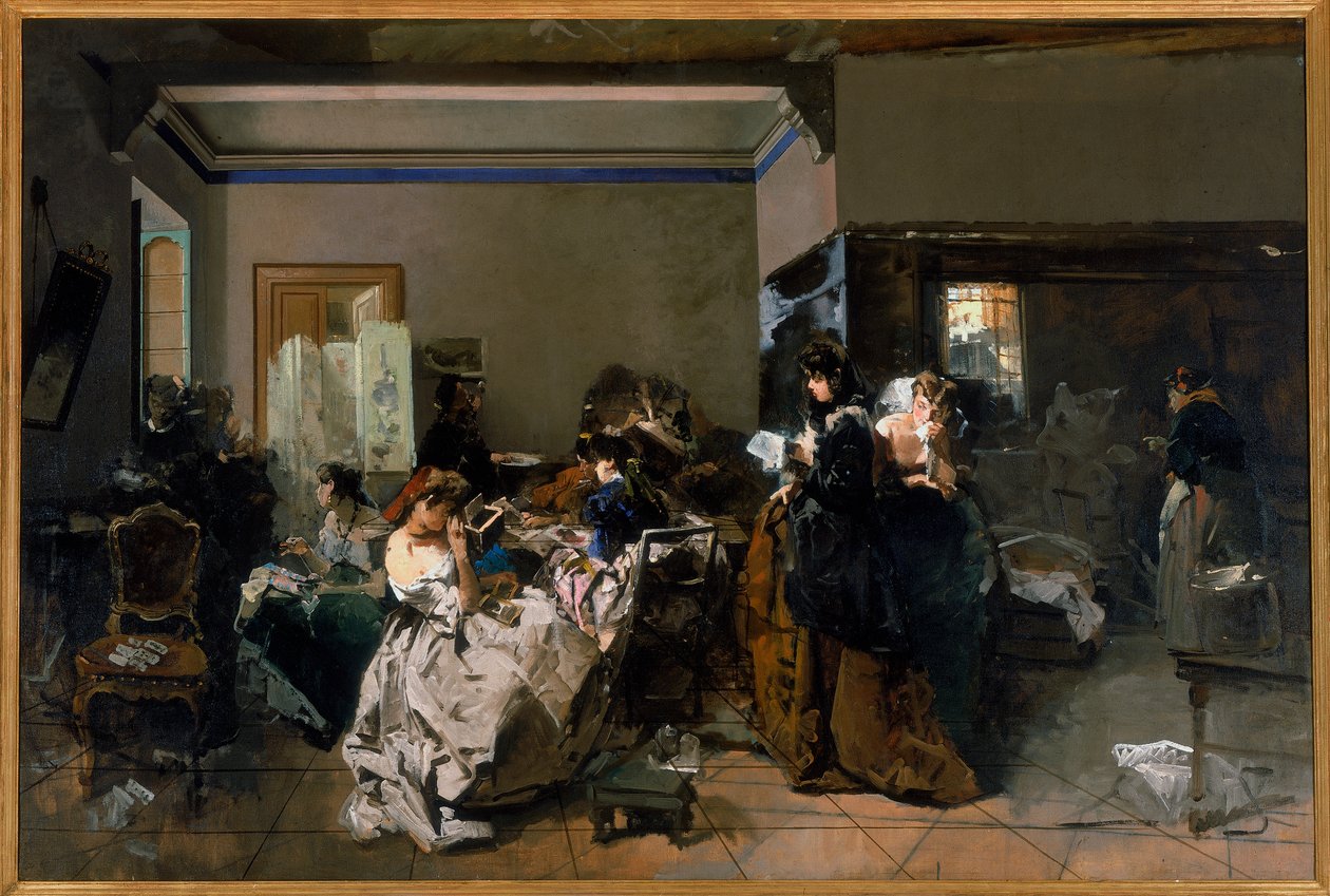 Bazı genç terzilerin çalıştığı bir atölyenin resmi, 1858-60 by Domenico Induno