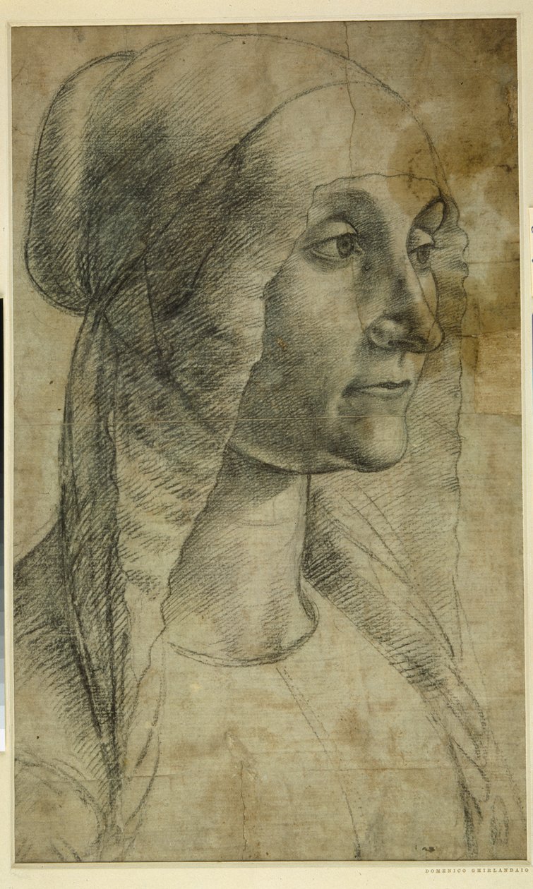 Bir coif giyen bir kadının başı (beyaz kağıt üzerinde siyah tebeşir by Domenico Ghirlandaio