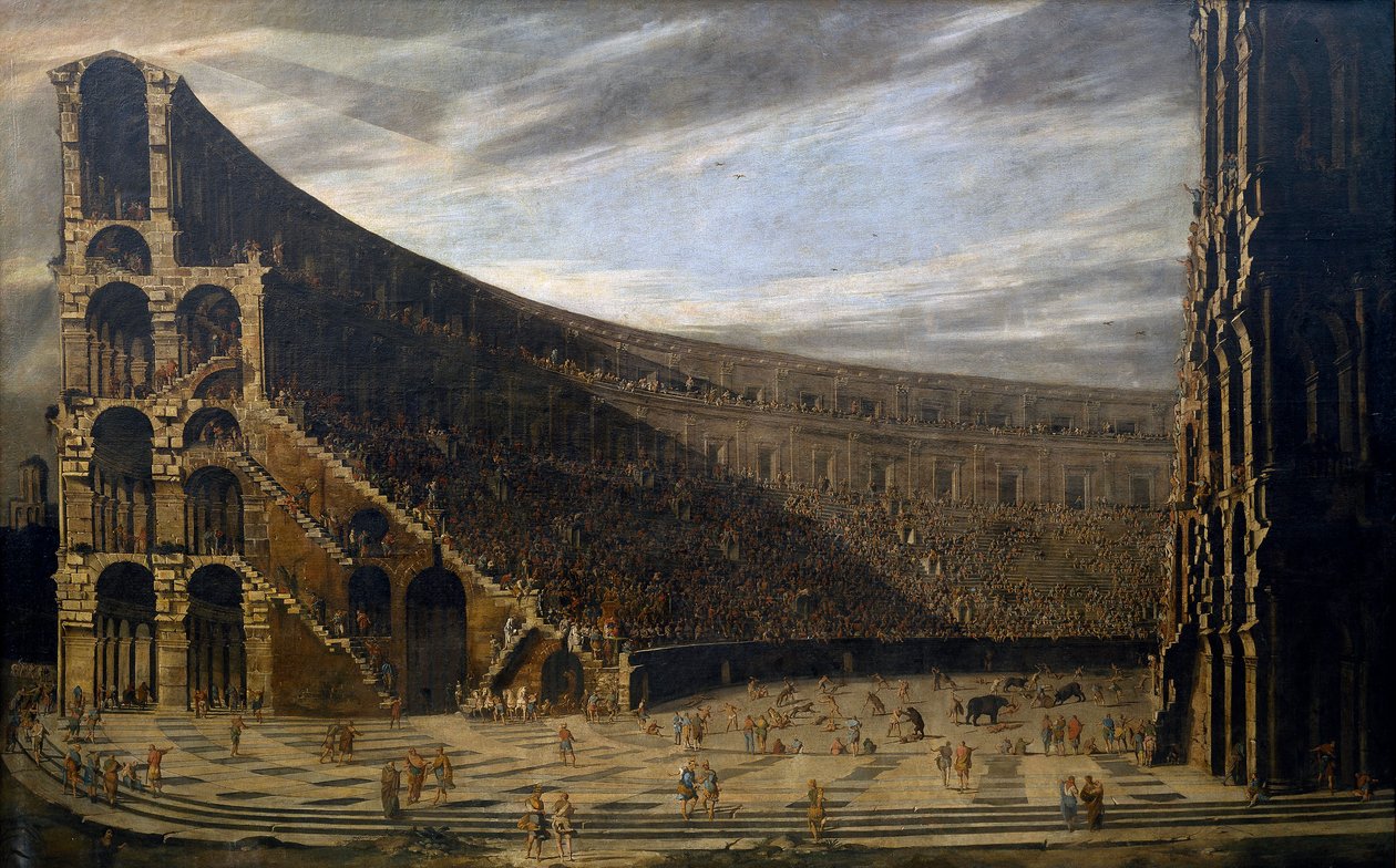 ""Bir Roma amfi tiyatrosunun perspektifi" (Roma amfi tiyatrosunun perspektifi) Arenada kavgalar Resim Domenico Gargiulo (1609-1675) yaklaşık 1638 Dim 220.5x353 cm Museo del Prado, Madrid by Domenico Gargiulo