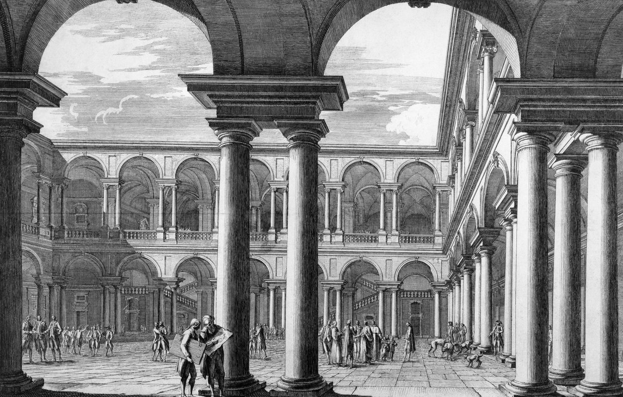 Mimar Francesco Maria Richini (1584-1658) tarafından tasarlanan Güzel Sanatlar Akademisi ve Sanat Galerisi'ne ev sahipliği yapan Milano'daki Brera sarayının avlusu, Domenico Aspari'nin (1745-1831) gravürü, İtalya by Domenico Aspari