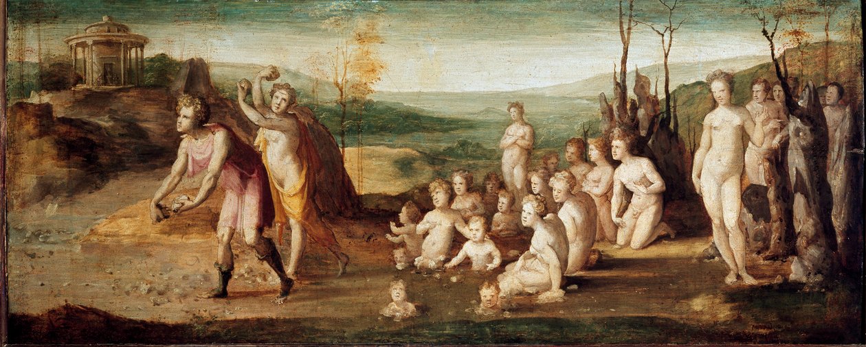 Deucalion ve Pyrrha. Tufandan sonra insanları doğuran taşları atan Yunan mitolojisindeki karakterler. Domenico Beccafumi
