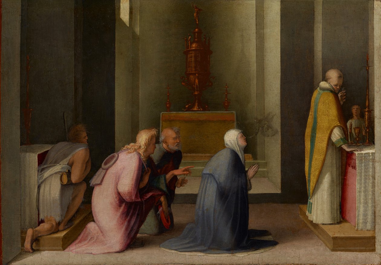 Sienalı Aziz Catherine'in Mucizevi Cemaati, c.1513-15 (panelde yağlı boya ve altın varak) by Domenico Beccafumi