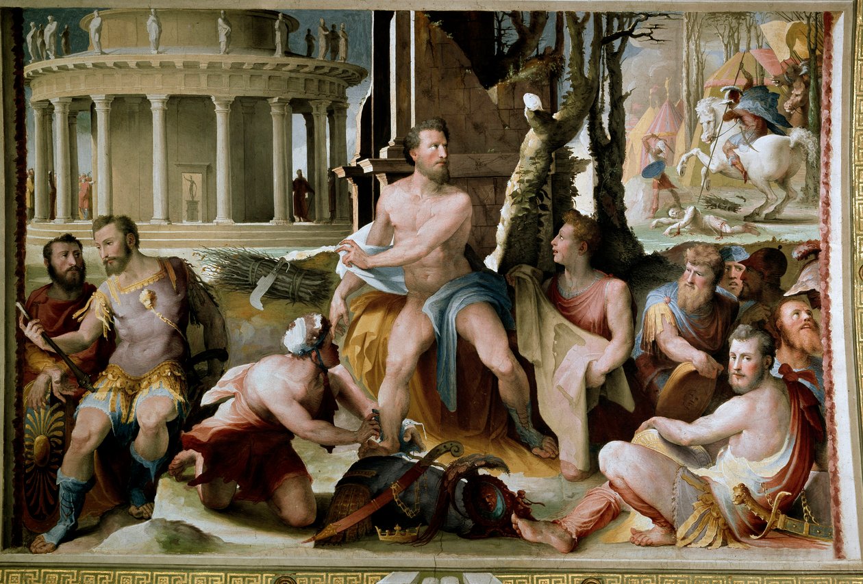 The Sacrifice of Codros, King of Athens In the war against the Dorians, the last legendary king of Athenes Codros (Codrus or Kodros) died after learning from an oracle that victory would come to the people whose leader would be killed. Fresco by Domenico d by Domenico Beccafumi