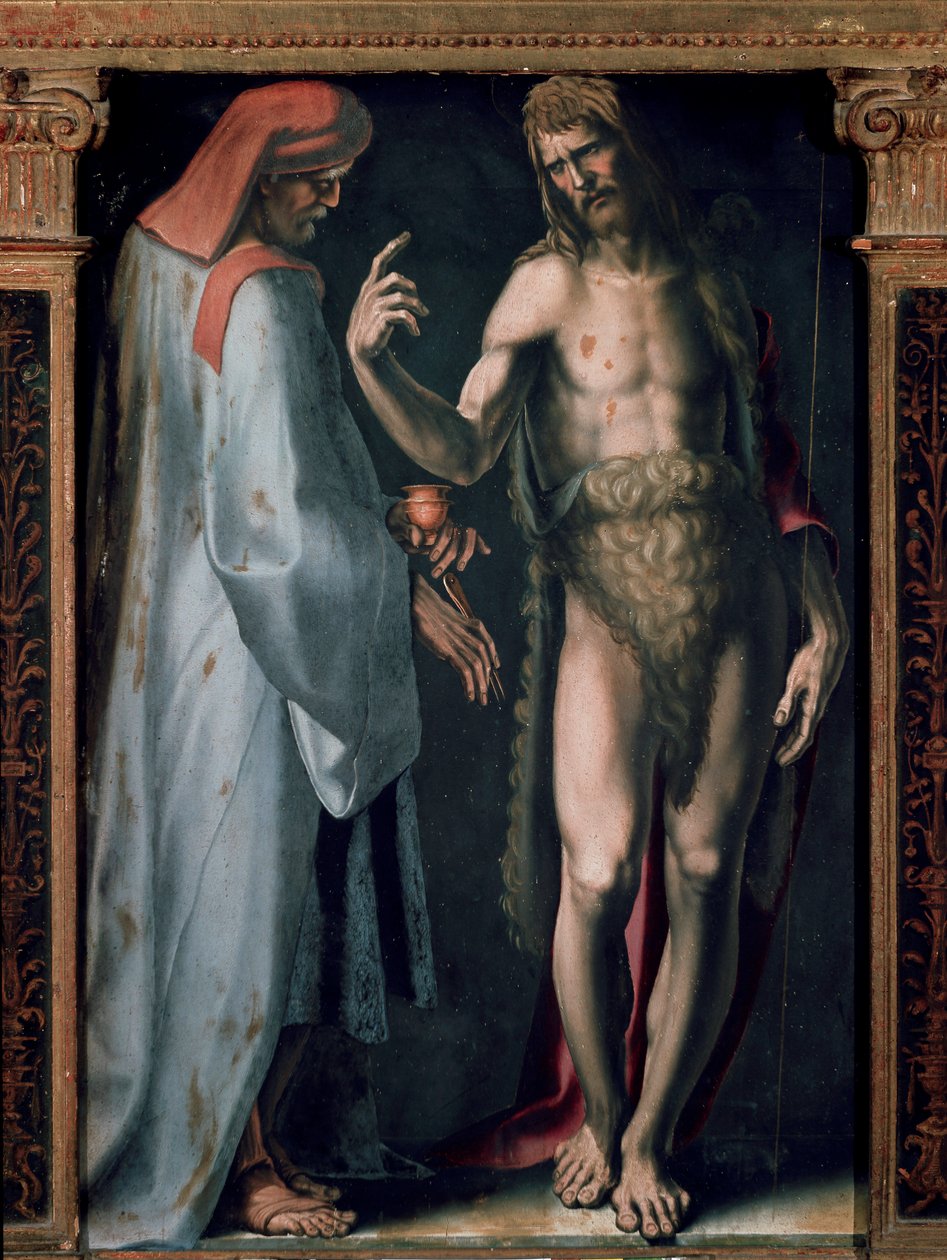 Üçlü Birlik Üçgeni, Sol panelden detay: Aziz Cosimo (Come or Cosimo) ve Aziz John the Baptist. Domenico Beccafumi
